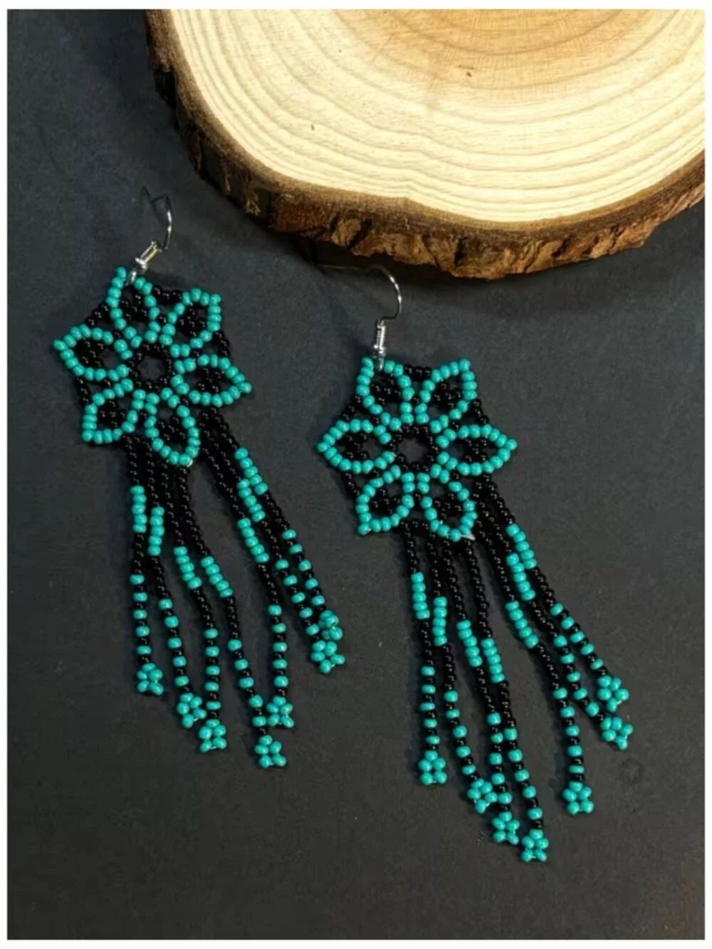NWT Boho Turquoise Black Beaded Flower Fringe Dangle Earrings Huichol